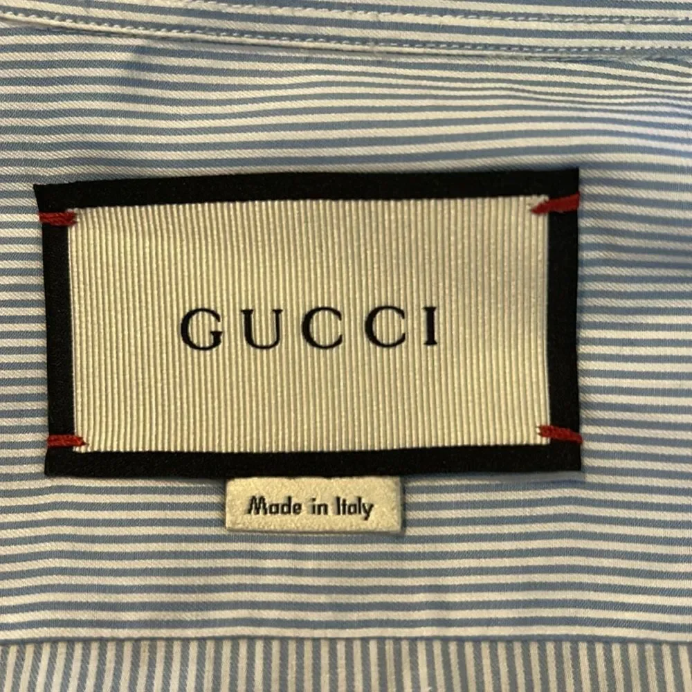 Gucci Light Blue Pinstriped Shirt Embroidered Flower pocket, Size 42 Preowned